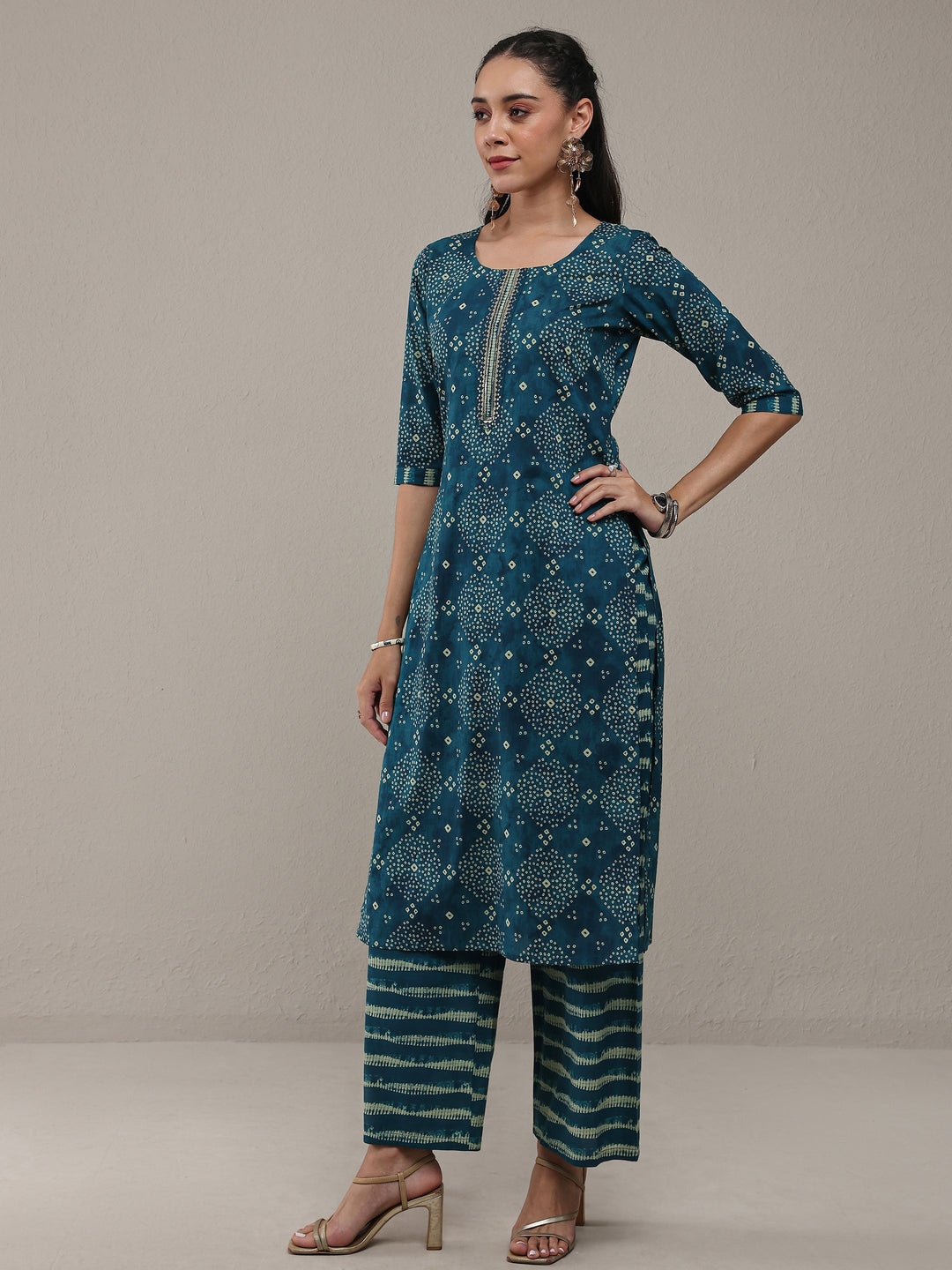 Libas Blue Bandhani Printed Cotton Straight Kurta Set