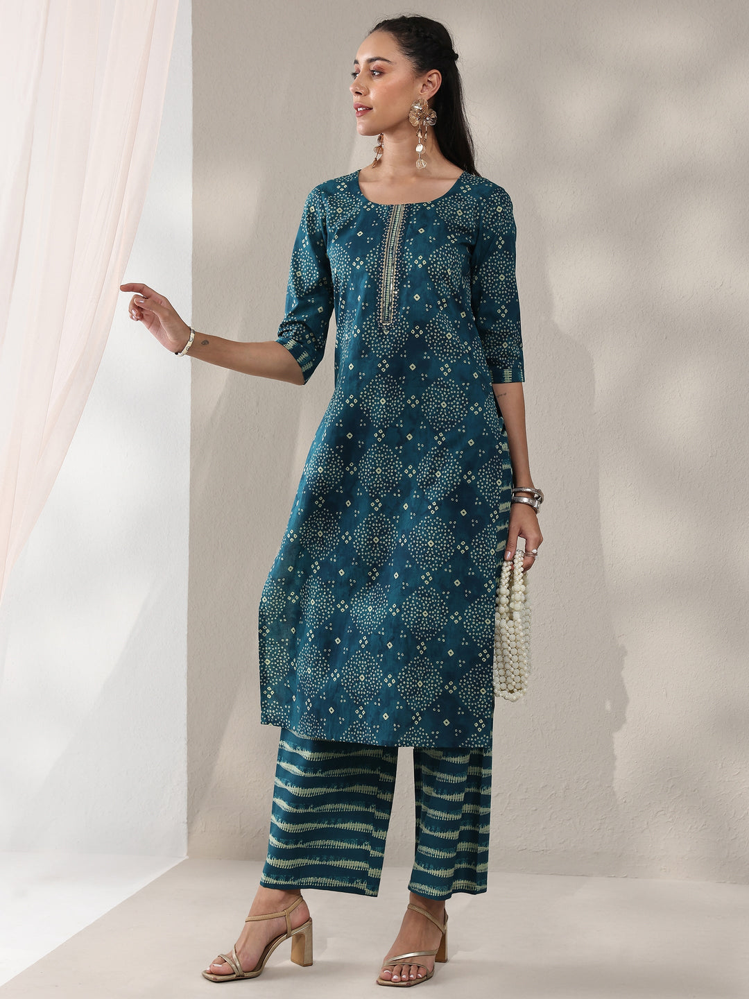 Libas Blue Bandhani Printed Cotton Straight Kurta Set