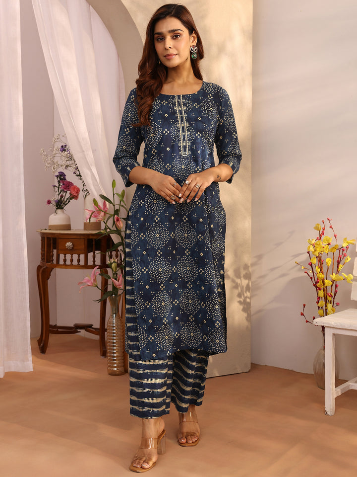 Blue Bandhani Printed Cotton Straight Kurta Set