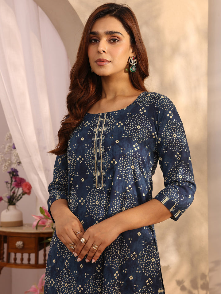 Blue Bandhani Printed Cotton Straight Kurta Set