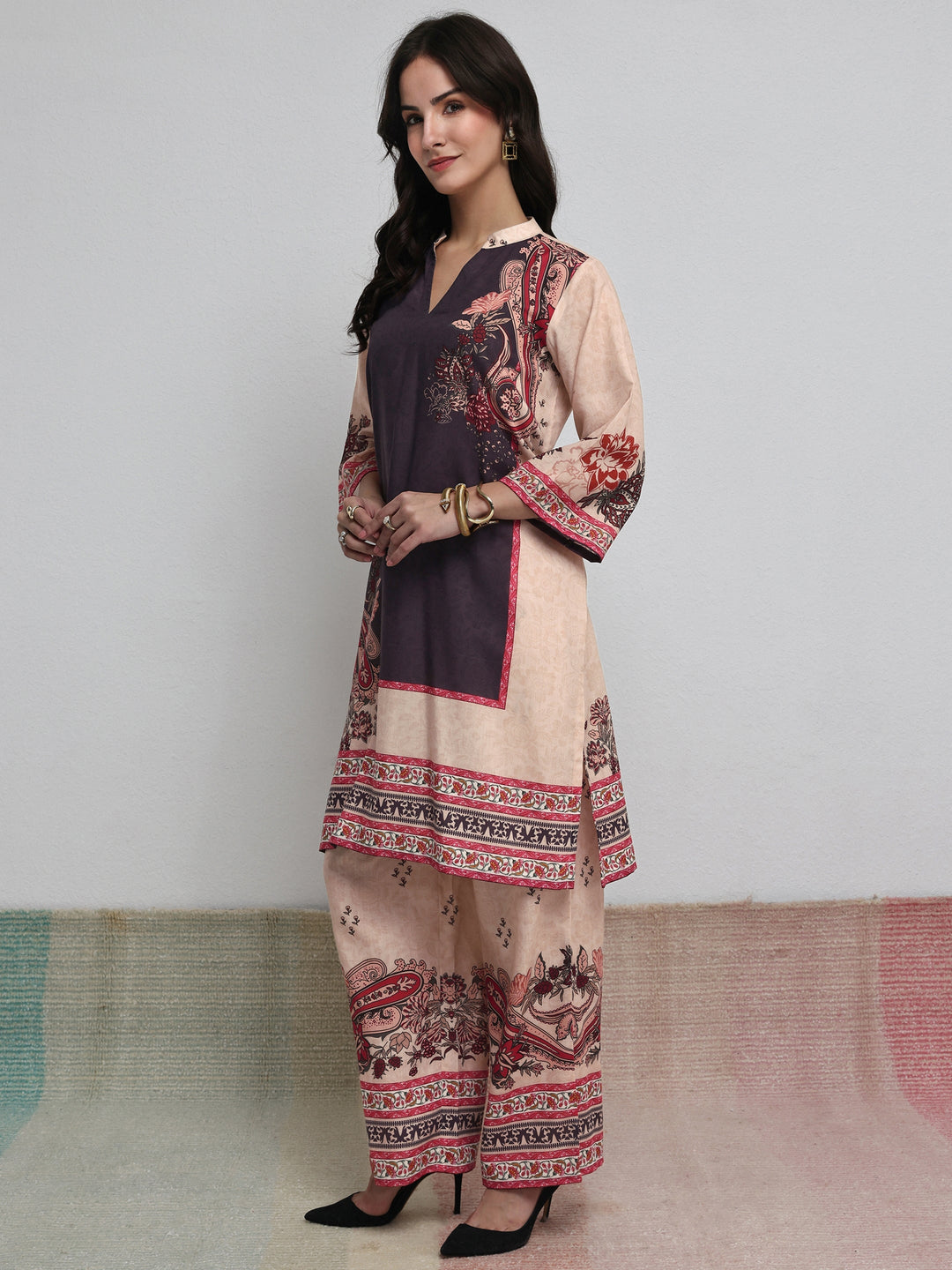 Beige Floral Printed Cotton Blend Co-Ord Set