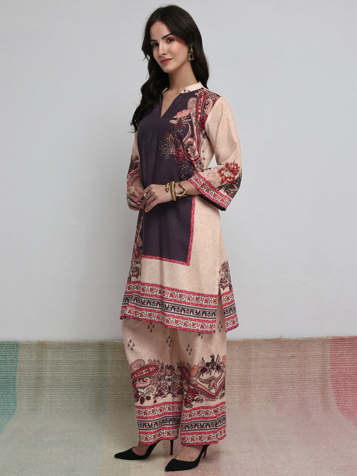 Beige Floral Printed Cotton Blend Co-Ord Set