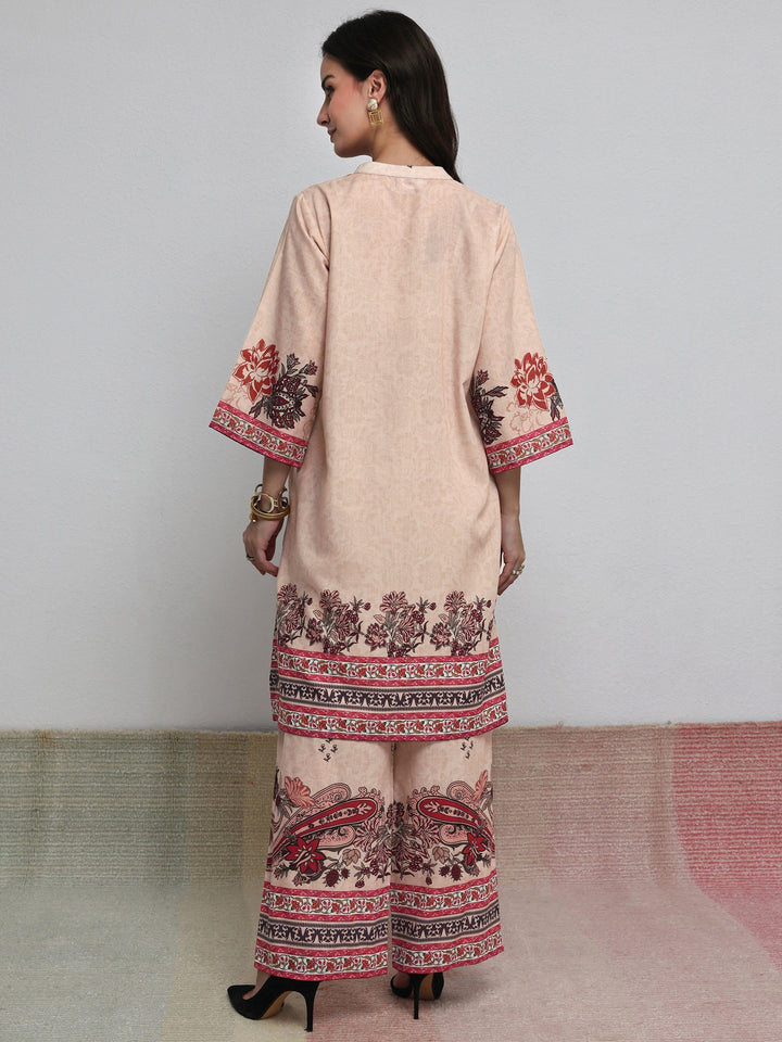 Beige Floral Printed Cotton Blend Co-Ord Set