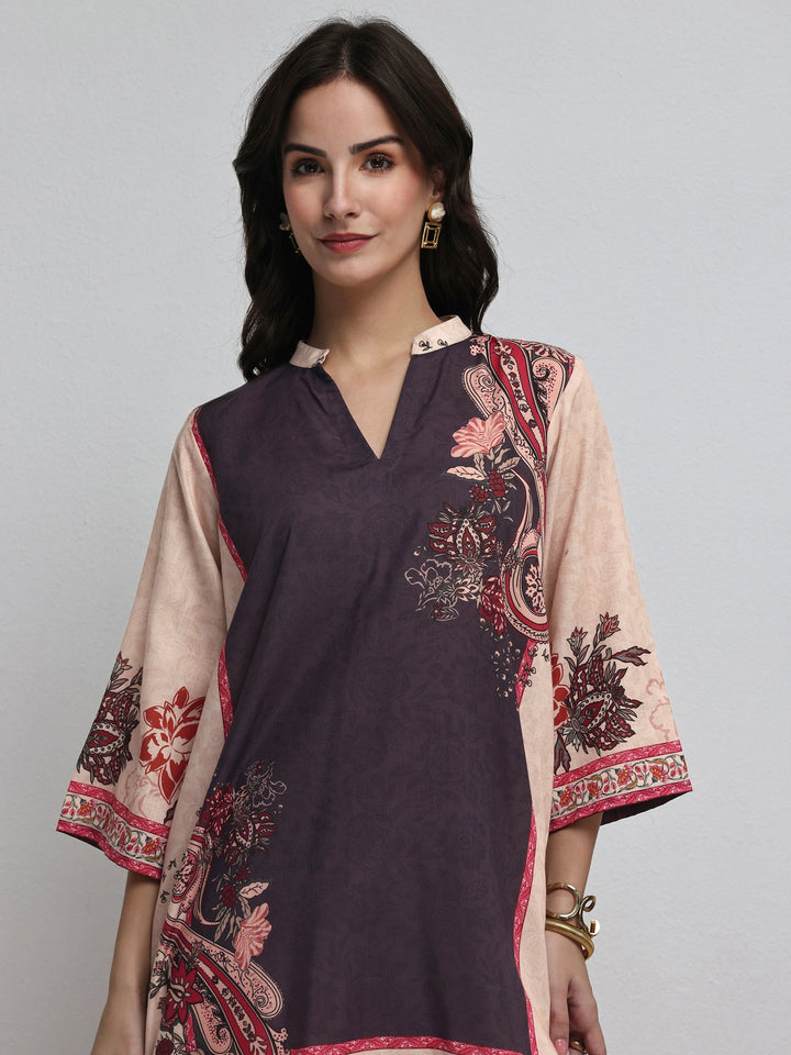 Beige Floral Printed Cotton Blend Co-Ord Set