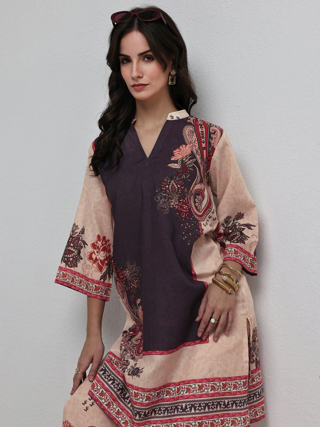 Beige Floral Printed Cotton Blend Co-Ord Set