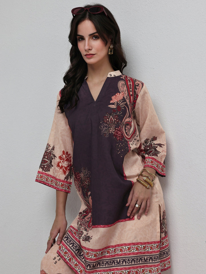 Beige Floral Printed Cotton Blend Co-Ord Set