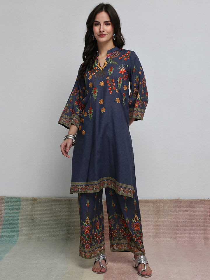 Libas Blue Floral Printed Cotton Blend Co-Ord Set
