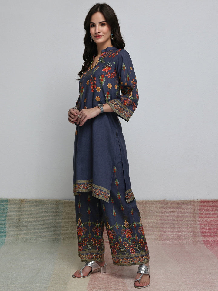 Libas Blue Floral Printed Cotton Blend Co-Ord Set