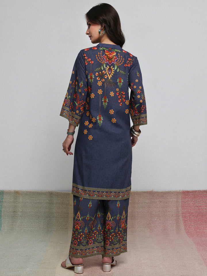 Libas Blue Floral Printed Cotton Blend Co-Ord Set