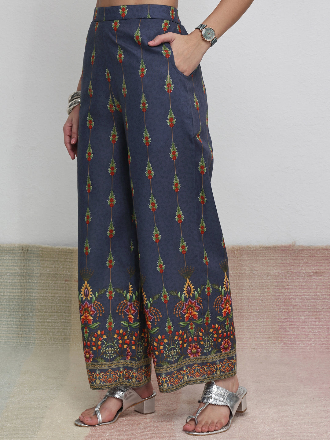 Libas Blue Floral Printed Cotton Blend Co-Ord Set