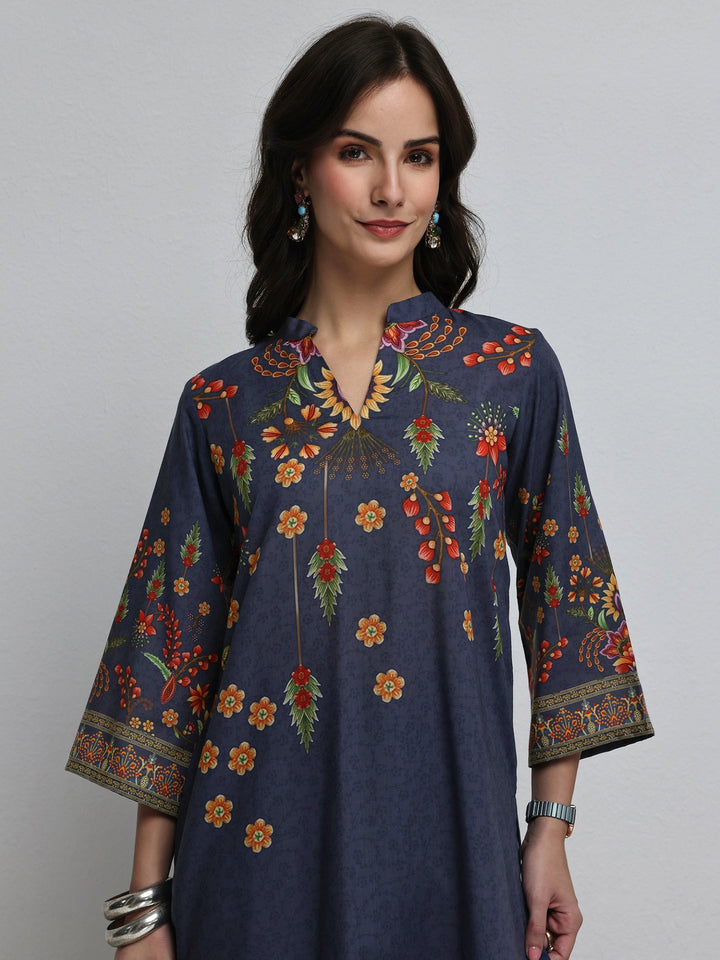 Libas Blue Floral Printed Cotton Blend Co-Ord Set