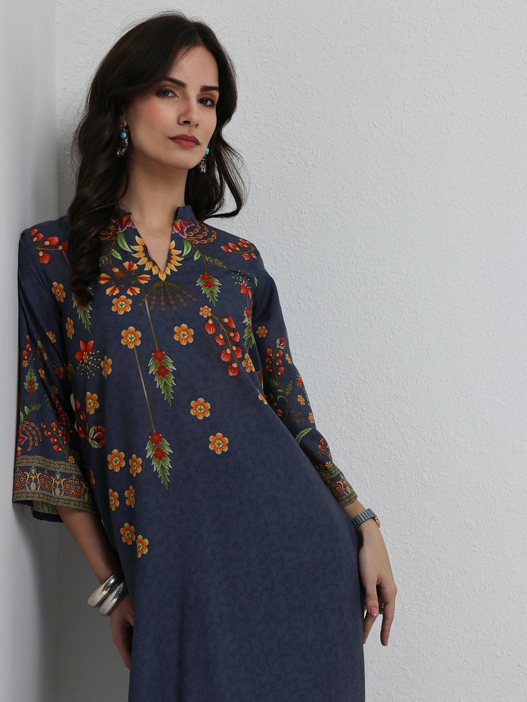 Libas Blue Floral Printed Cotton Blend Co-Ord Set