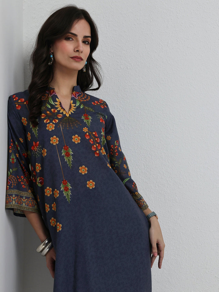 Libas Blue Floral Printed Cotton Blend Co-Ord Set