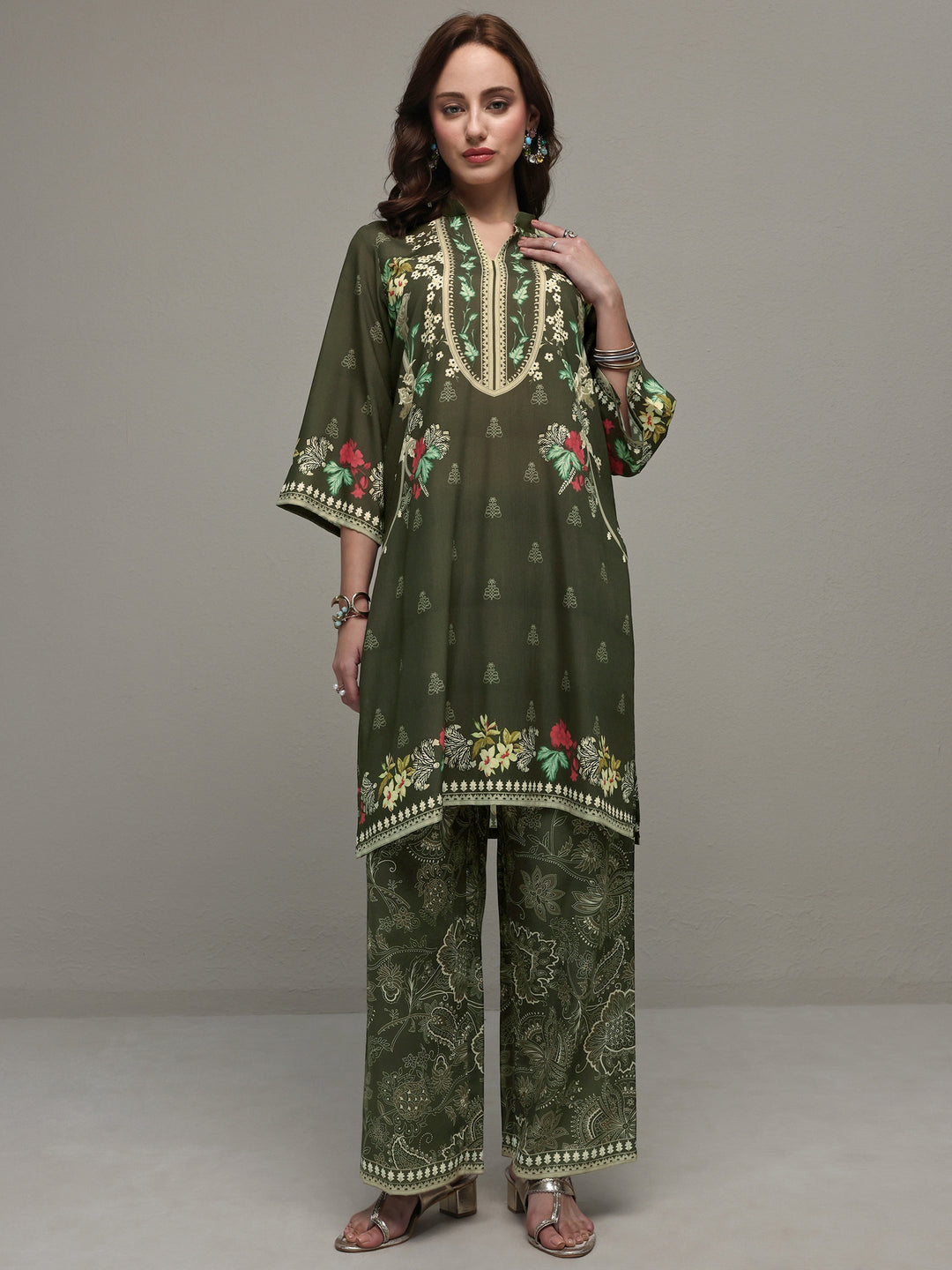 Green Floral Printed Cotton Blend Co-Ord Set