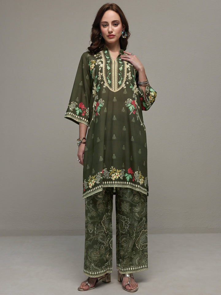 Green Floral Printed Cotton Blend Co-Ord Set