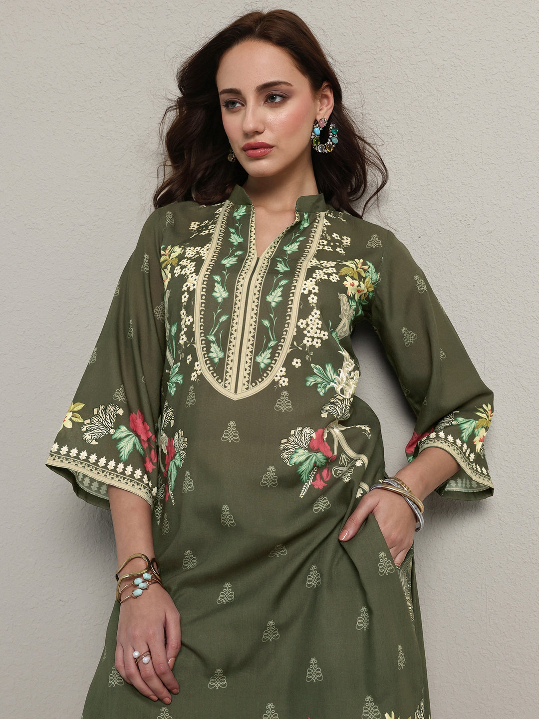 Green Floral Printed Cotton Blend Co-Ord Set