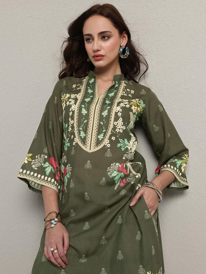Green Floral Printed Cotton Blend Co-Ord Set