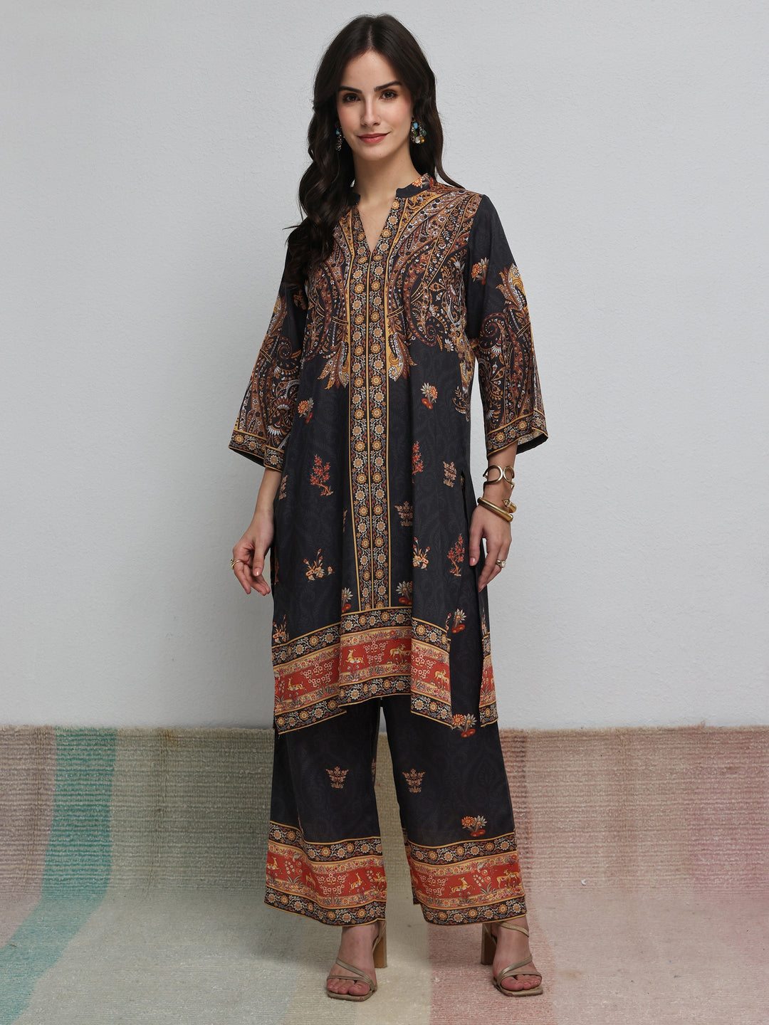 Black Ethnic Printed Cotton Blend Co-Ord Set