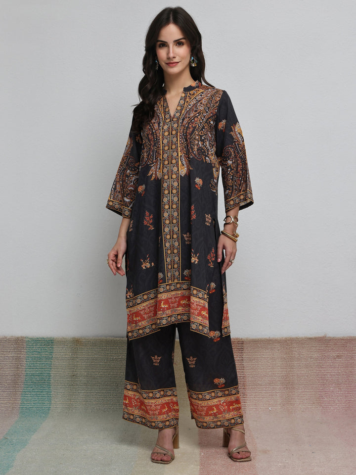 Black Ethnic Printed Cotton Blend Co-Ord Set