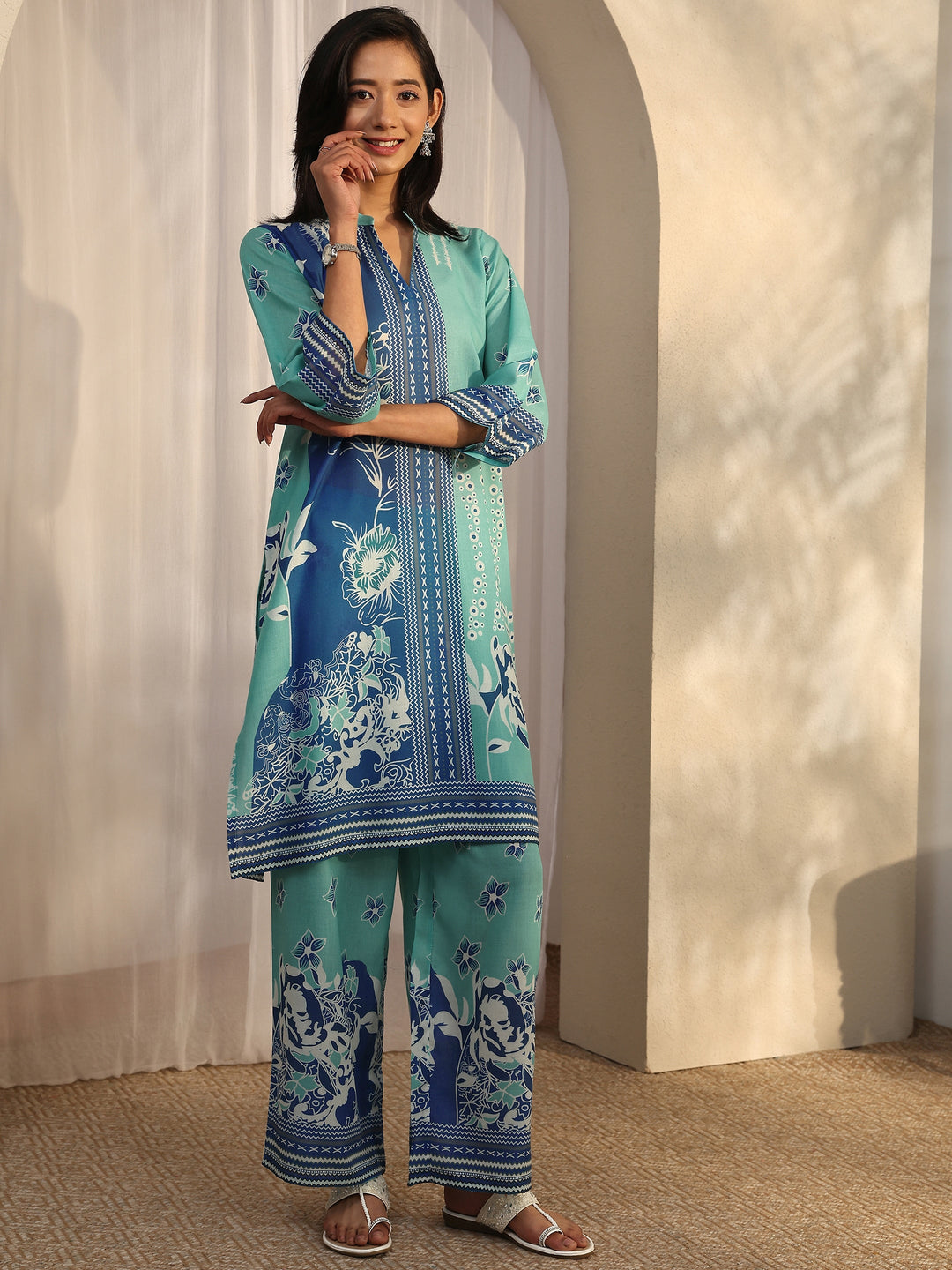 Blue Printed Cotton Blend Co-Ord Sets