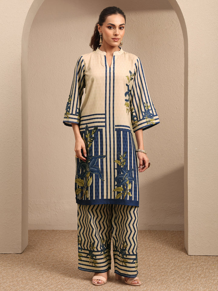 Off White Printed Cotton Blend Co-Ord Set