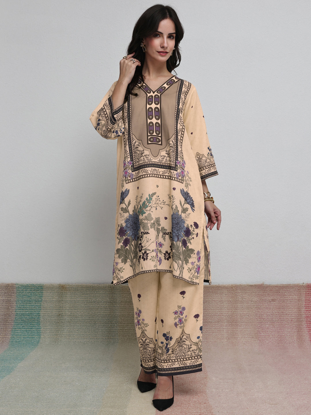 Libas Beige Floral Printed Cotton Blend Co-Ord Set