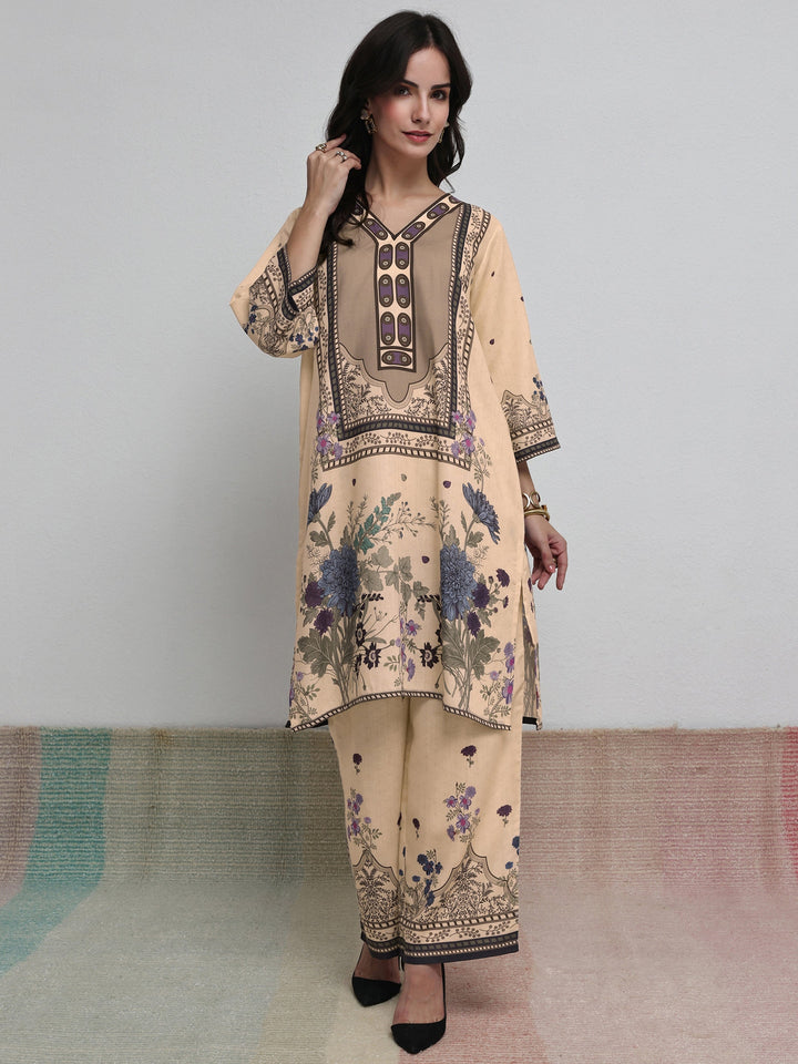 Libas Beige Floral Printed Cotton Blend Co-Ord Set