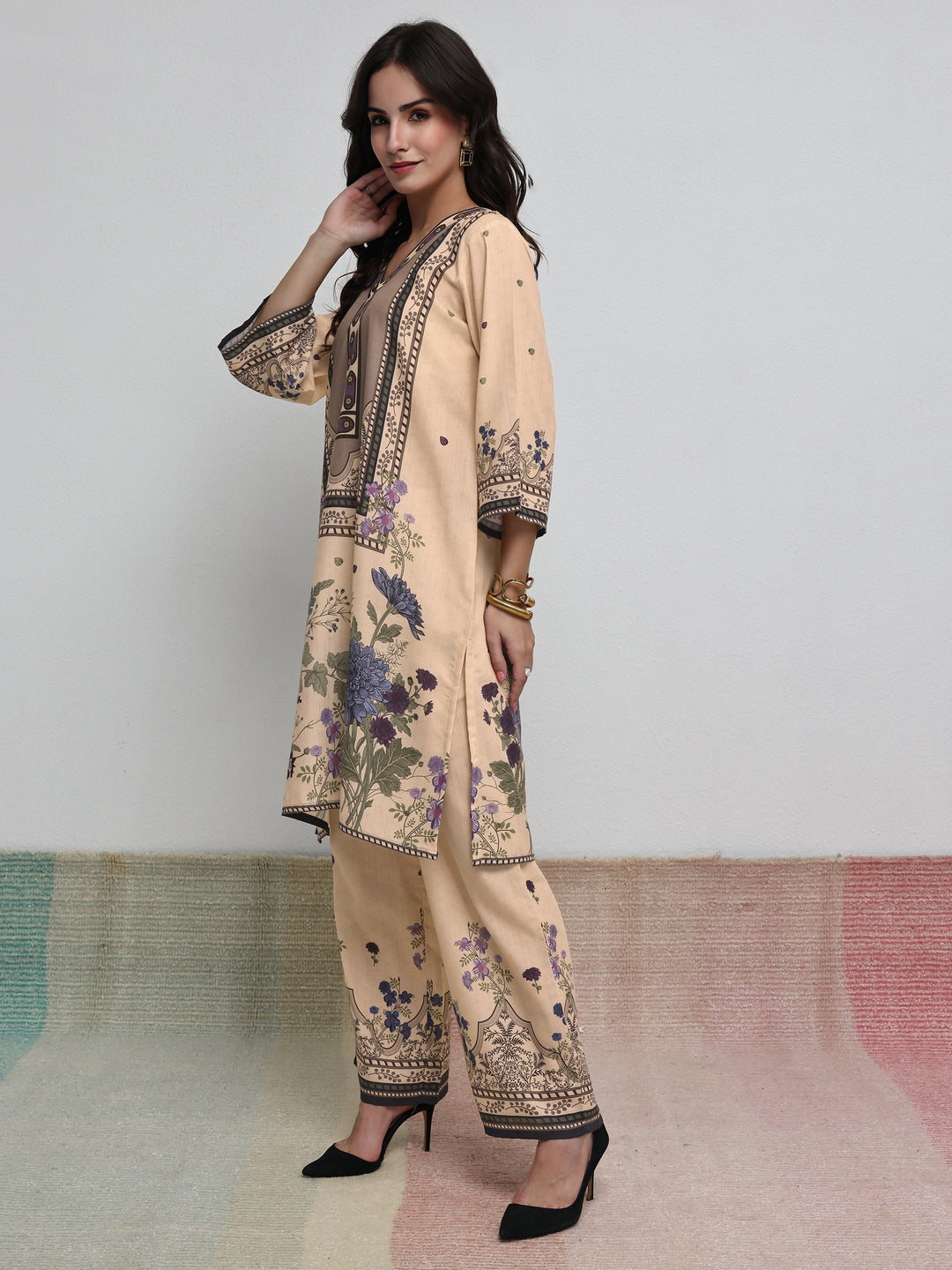Libas Beige Floral Printed Cotton Blend Co-Ord Set