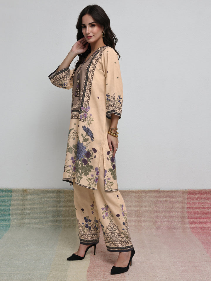 Libas Beige Floral Printed Cotton Blend Co-Ord Set