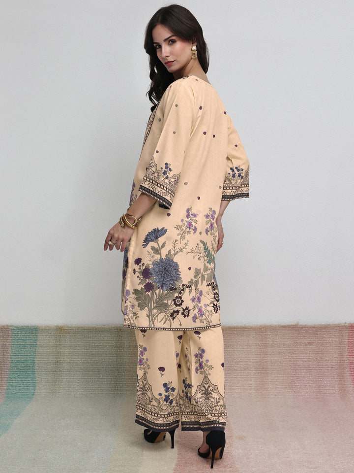 Libas Beige Floral Printed Cotton Blend Co-Ord Set