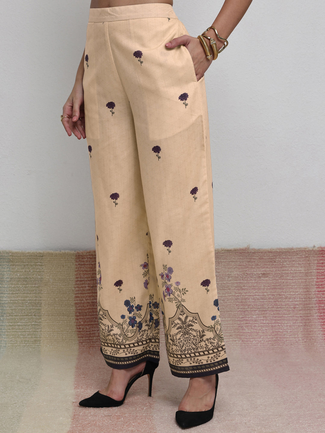 Libas Beige Floral Printed Cotton Blend Co-Ord Set