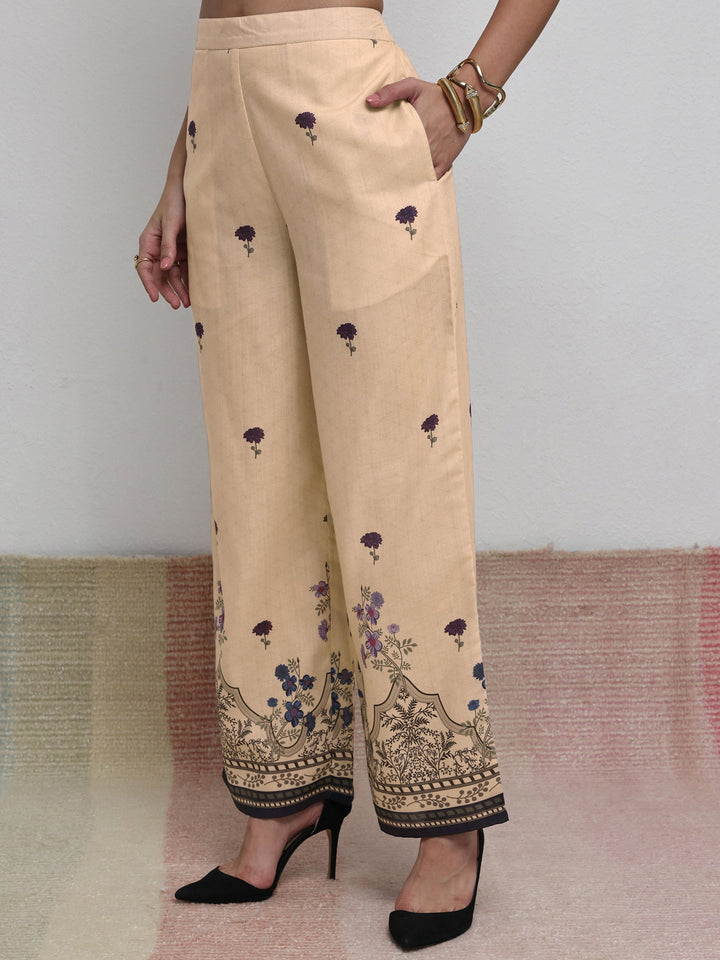 Libas Beige Floral Printed Cotton Blend Co-Ord Set