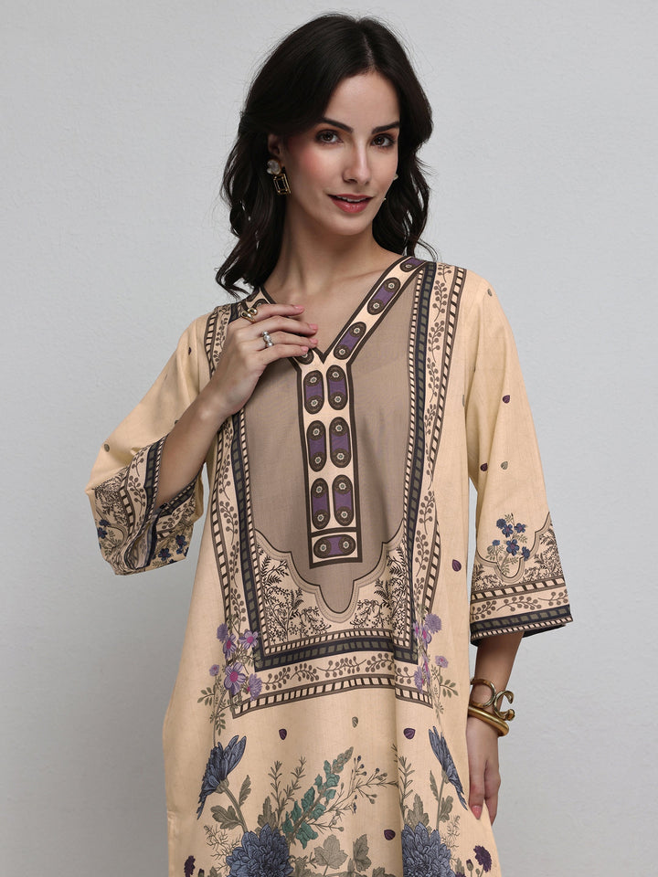 Libas Beige Floral Printed Cotton Blend Co-Ord Set
