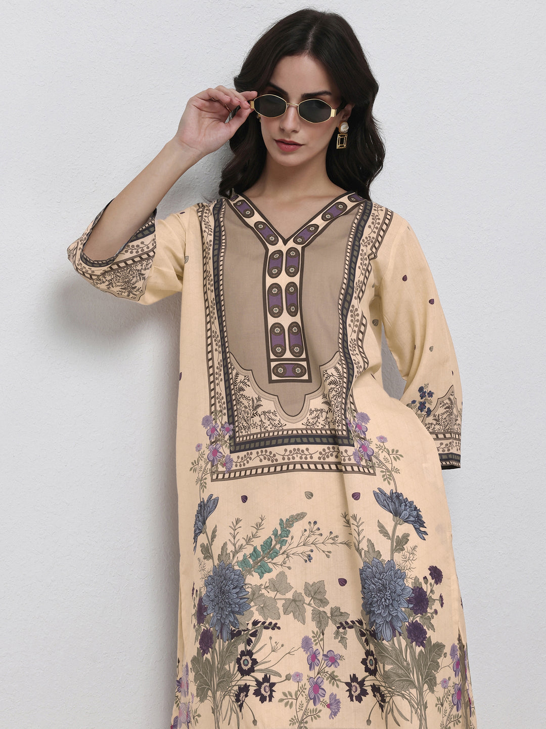 Libas Beige Floral Printed Cotton Blend Co-Ord Set