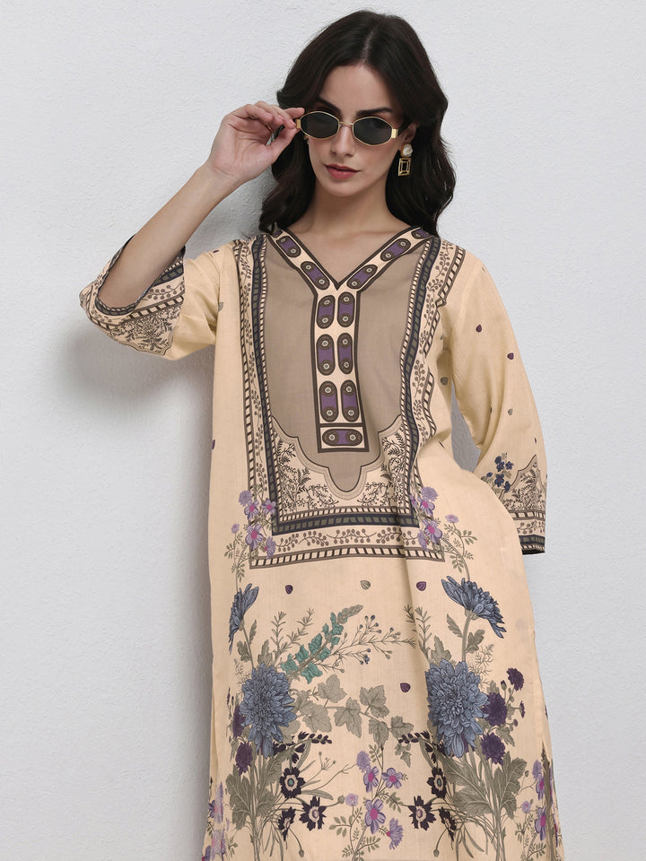 Libas Beige Floral Printed Cotton Blend Co-Ord Set