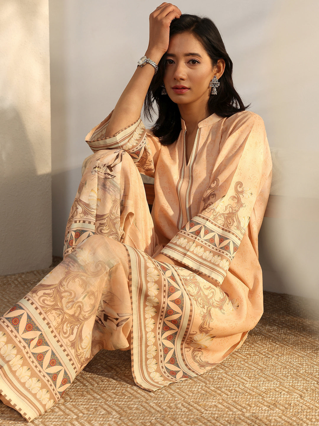 Peach Printed Cotton Blend Co-Ord Sets
