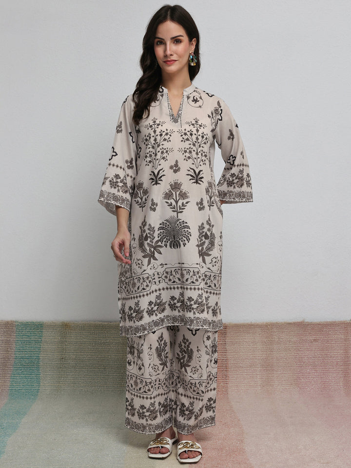 Libas Off White Floral Printed Cotton Blend Co-Ord Set