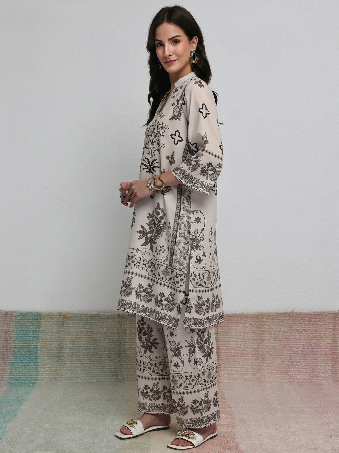 Libas Off White Floral Printed Cotton Blend Co-Ord Set