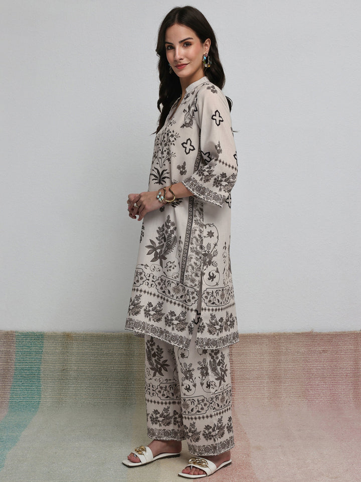 Libas Off White Floral Printed Cotton Blend Co-Ord Set