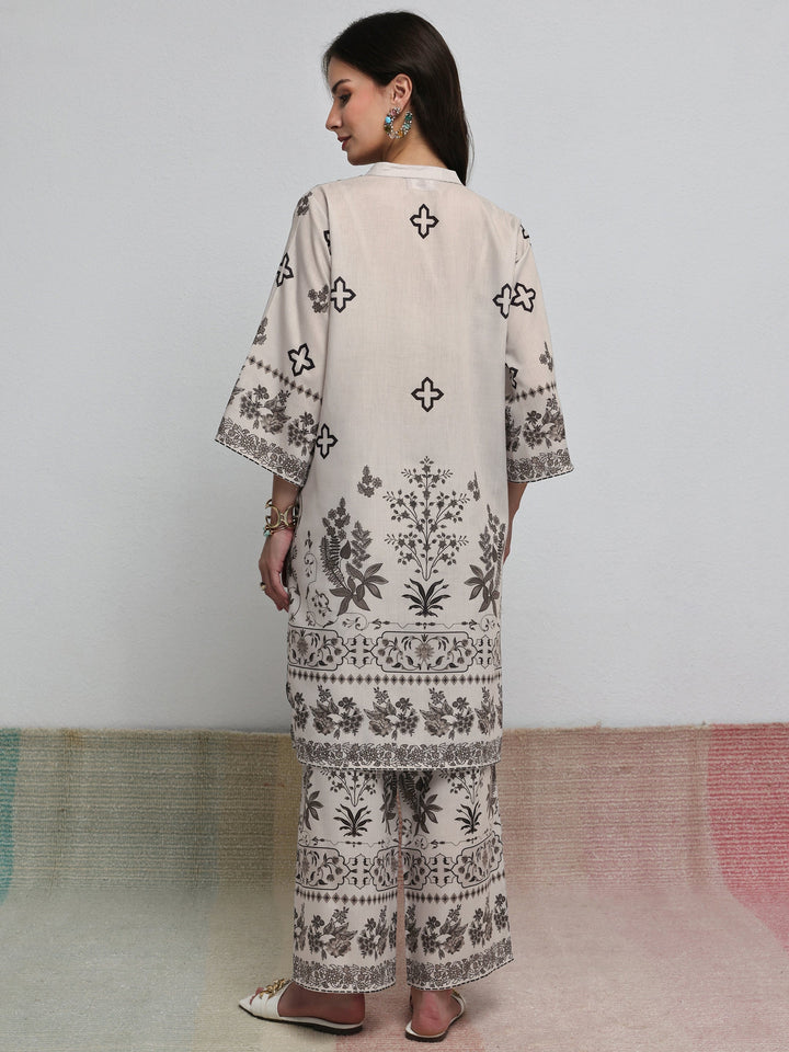 Libas Off White Floral Printed Cotton Blend Co-Ord Set