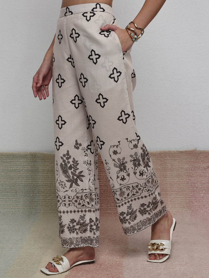 Libas Off White Floral Printed Cotton Blend Co-Ord Set