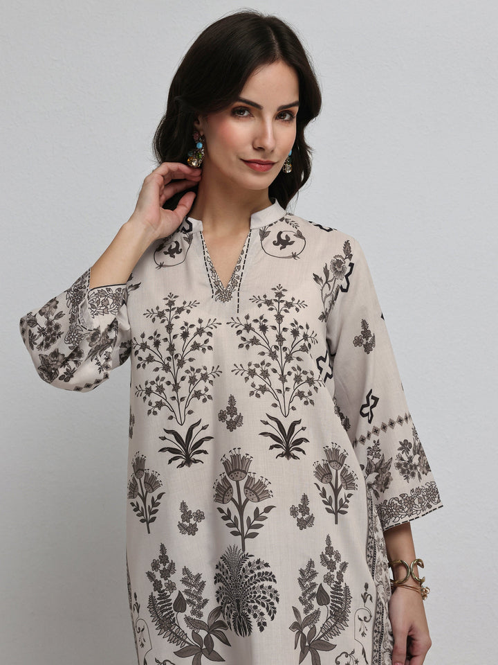 Libas Off White Floral Printed Cotton Blend Co-Ord Set