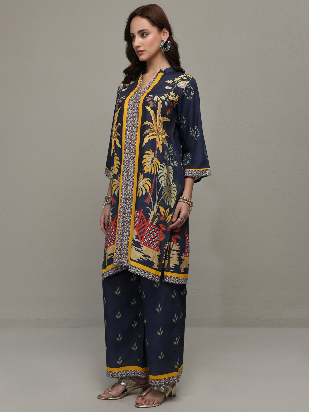 Libas Blue Tropical Printed Cotton Blend Co-Ord Set