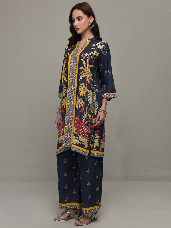 Libas Blue Tropical Printed Cotton Blend Co-Ord Set