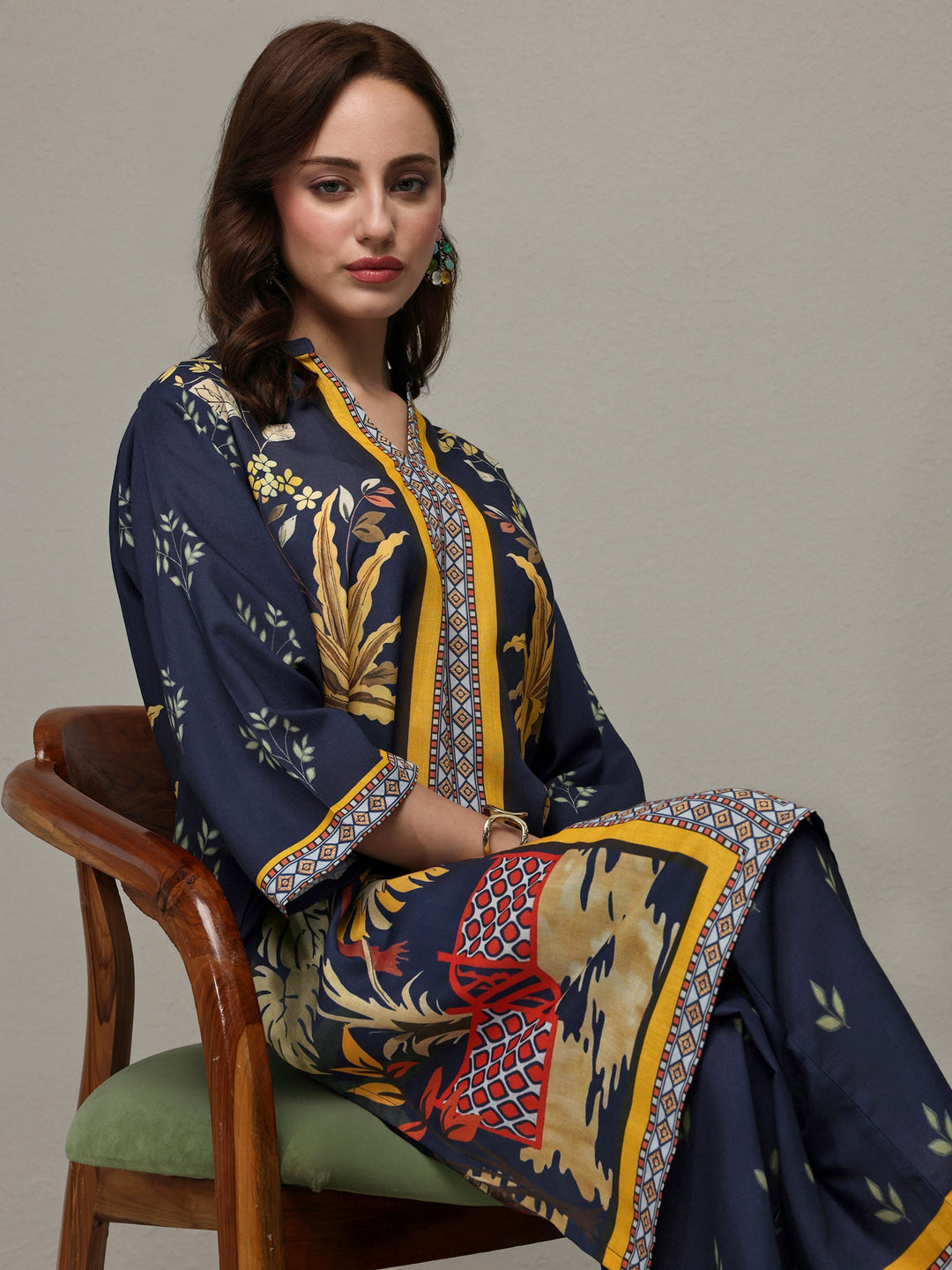 Libas Blue Tropical Printed Cotton Blend Co-Ord Set
