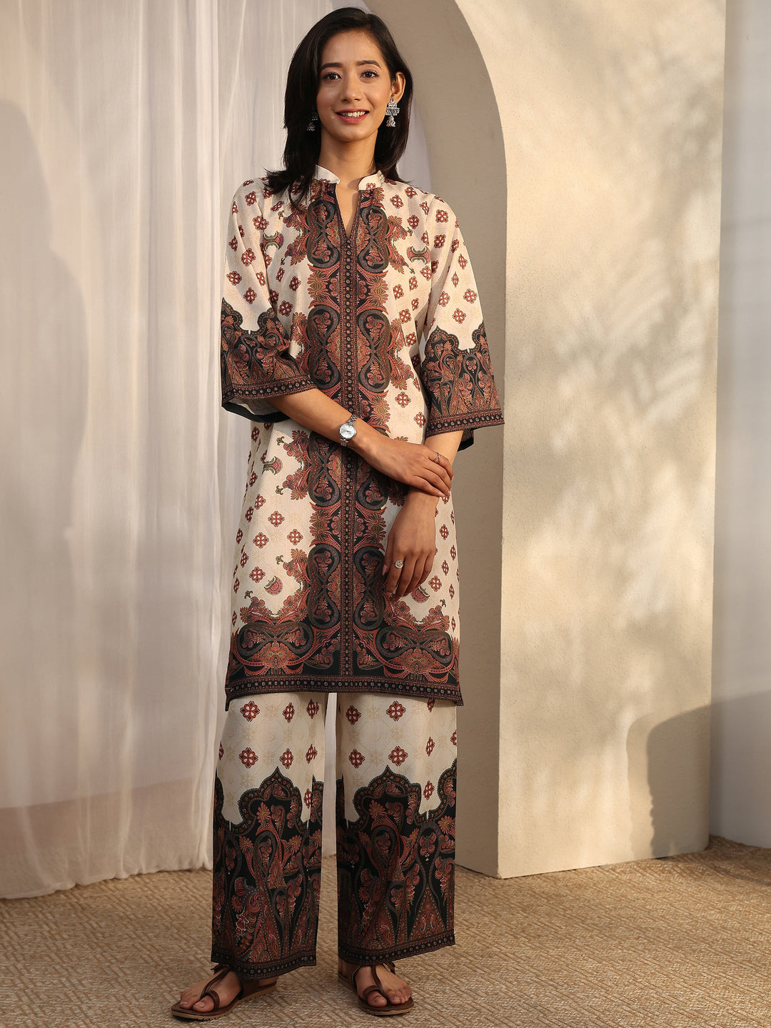 Off White Printed Cotton Blend Co-Ord Sets