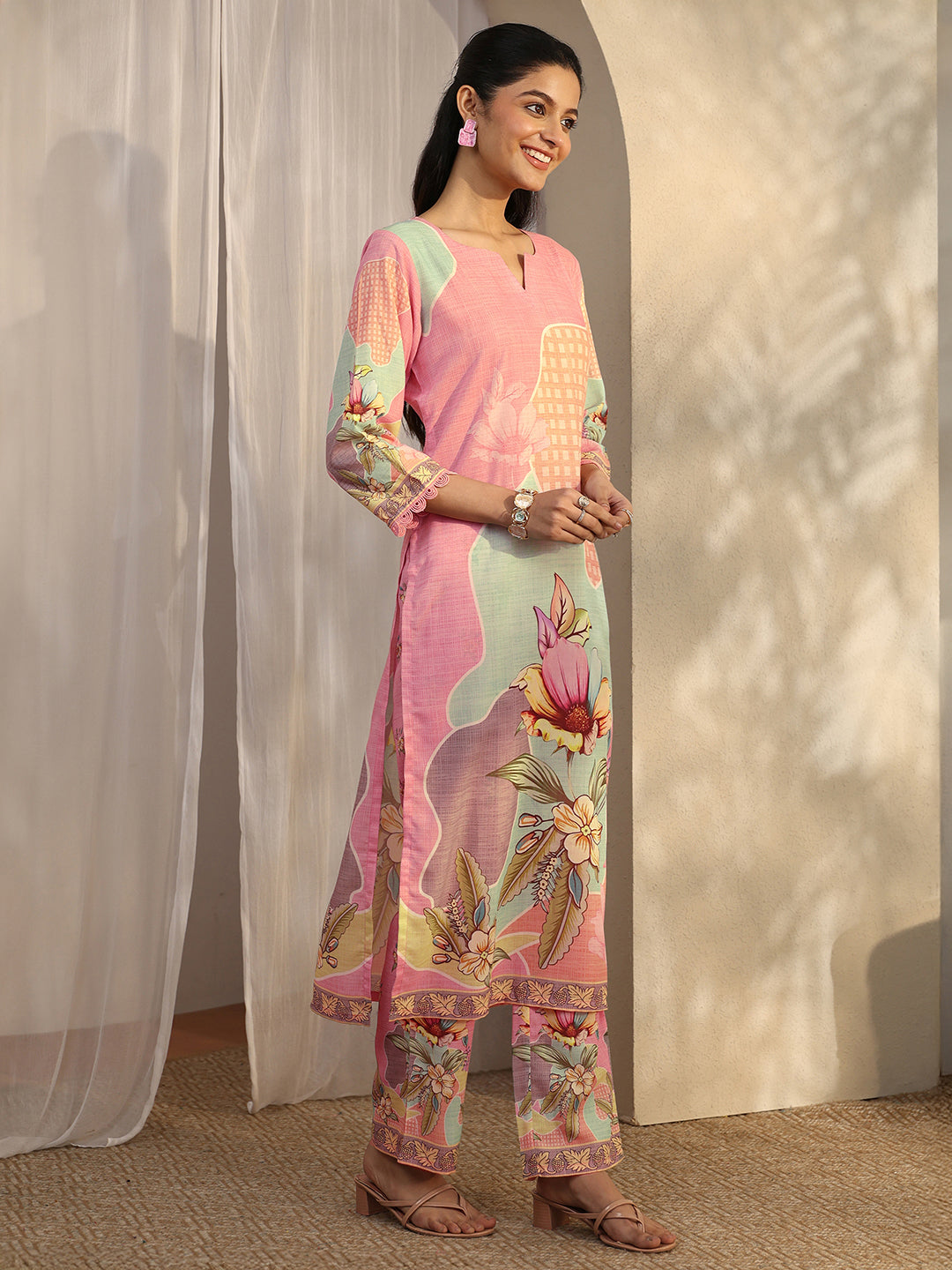 Pink Printed Cotton Blend Straight Suit Set With Dupatta