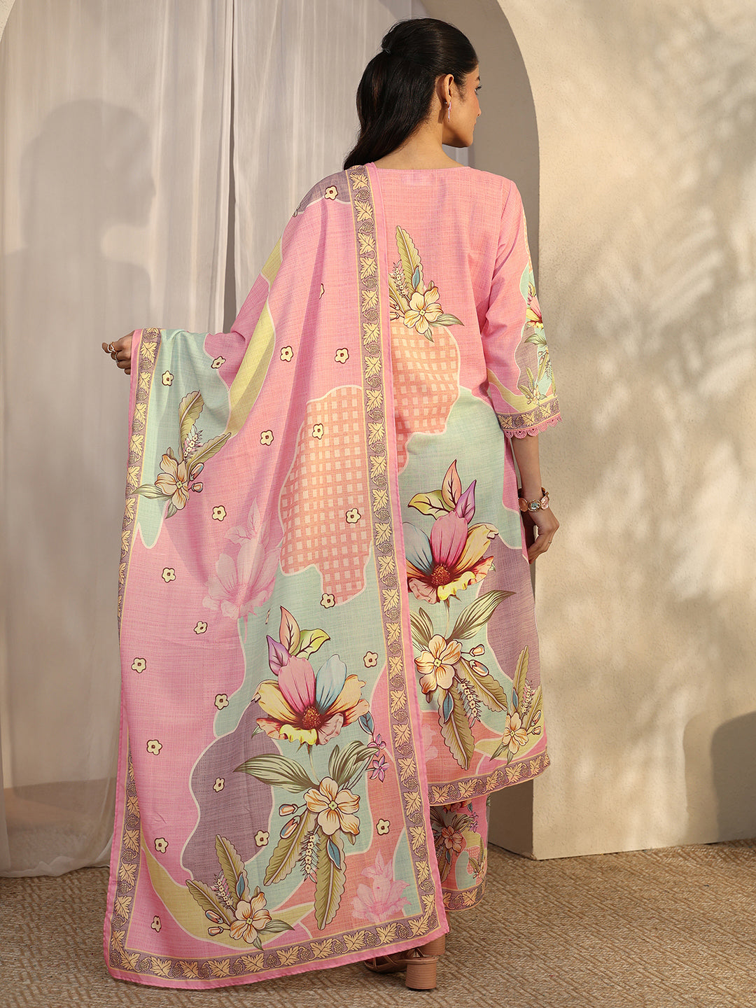 Pink Printed Cotton Blend Straight Suit Set With Dupatta