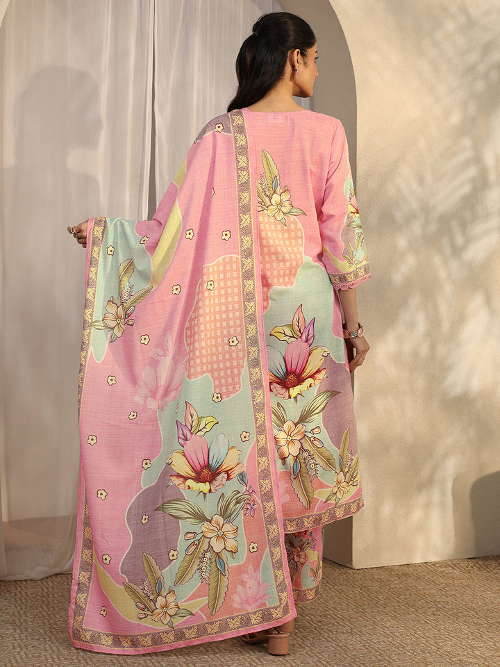 Pink Printed Cotton Blend Straight Suit Set With Dupatta