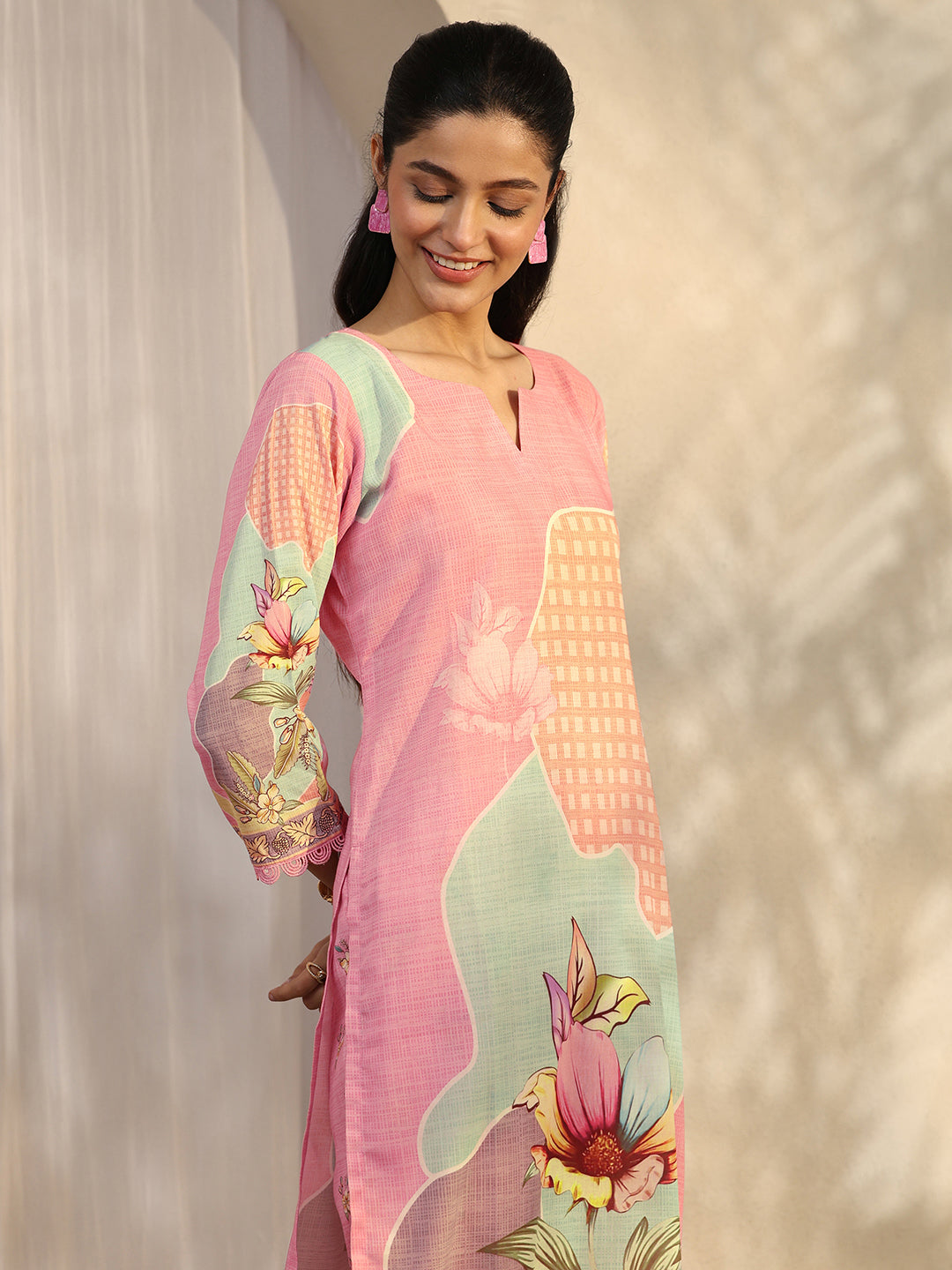 Pink Printed Cotton Blend Straight Suit Set With Dupatta